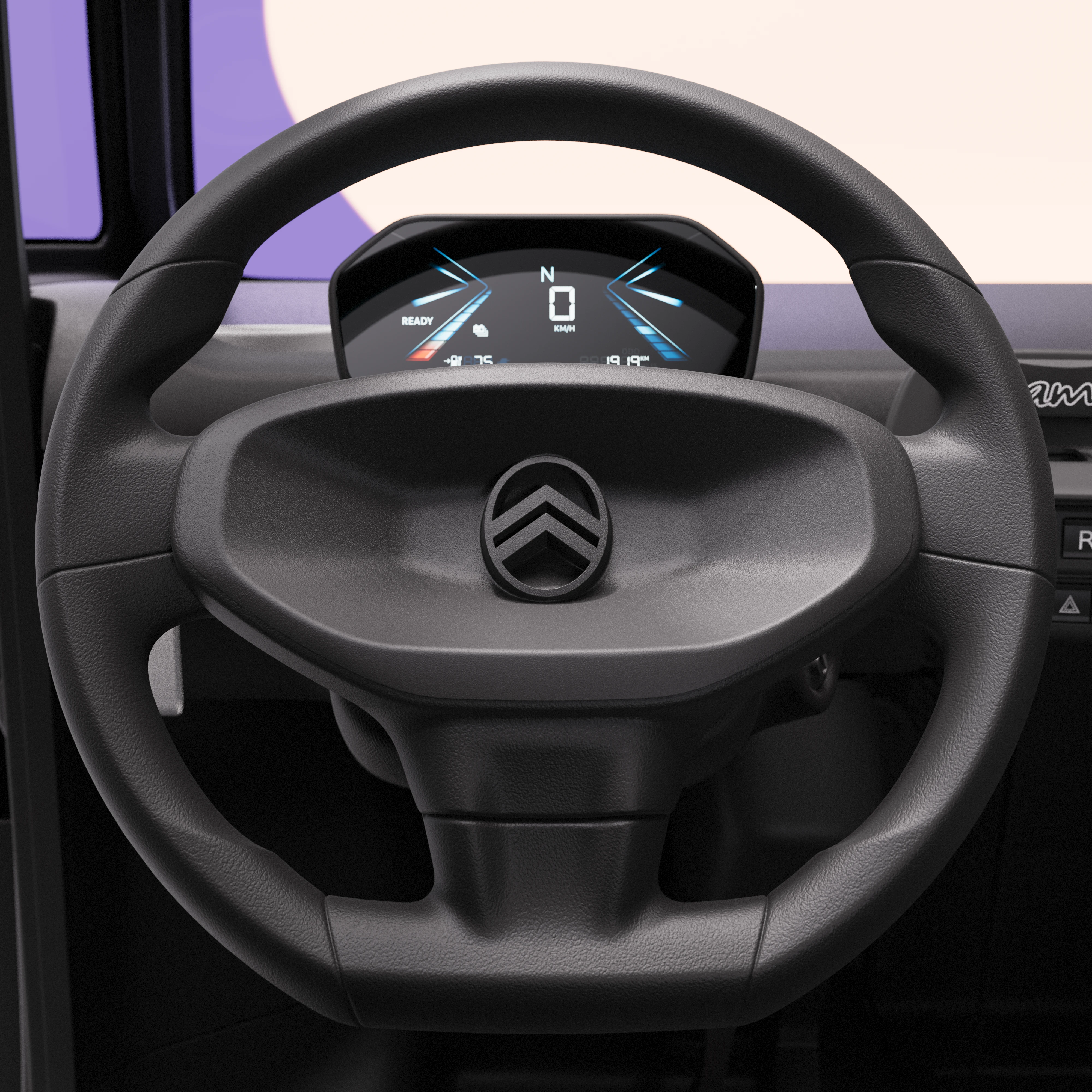 Close‑up van het stuurwiel van de Citroën Ami x Rip Curl, met eenvoudige cockpit voor gebruik in de stad.