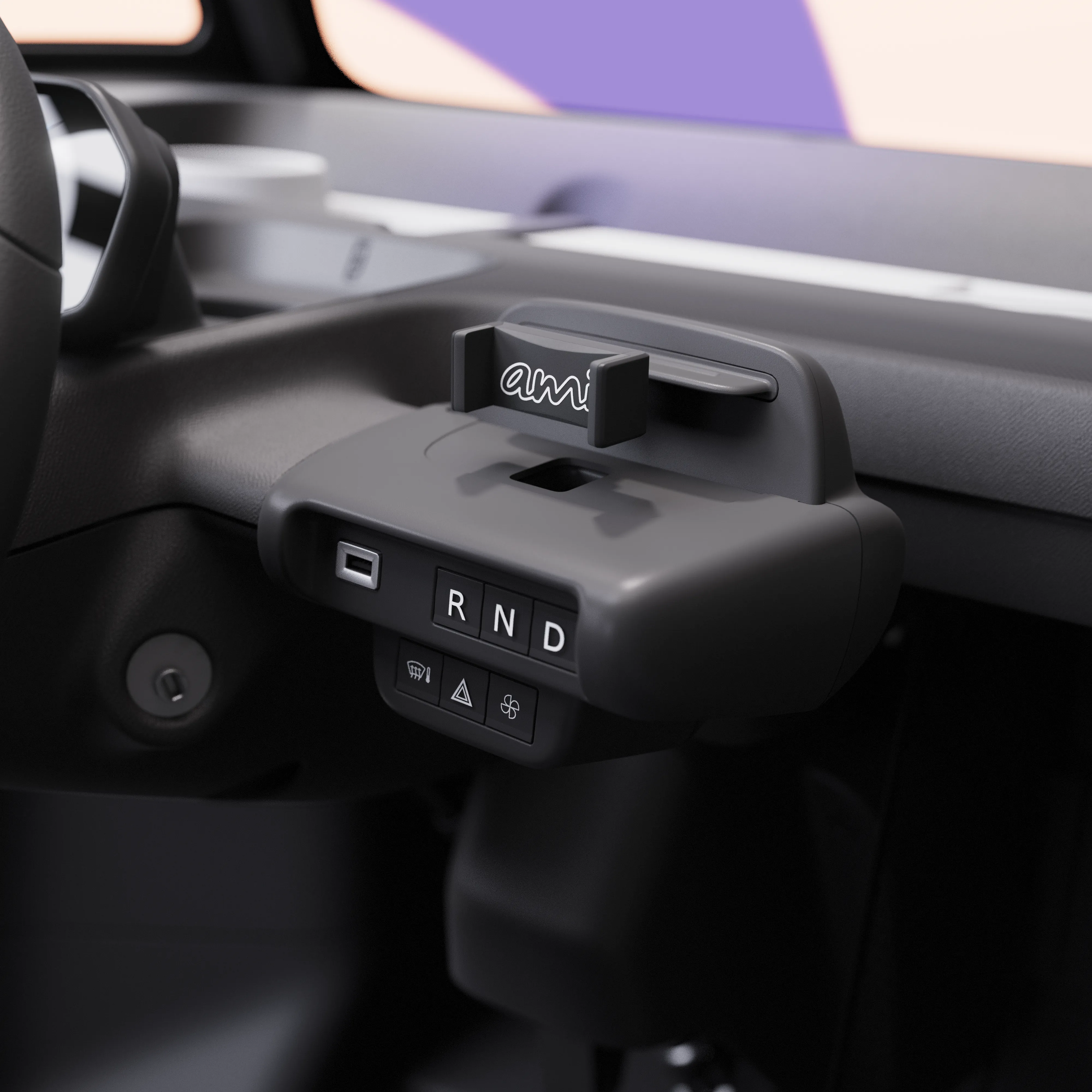 Close‑up van het instrumentenpaneel van de Citroën Ami x Rip Curl, met eenvoudige bediening voor stedelijk gebruik.