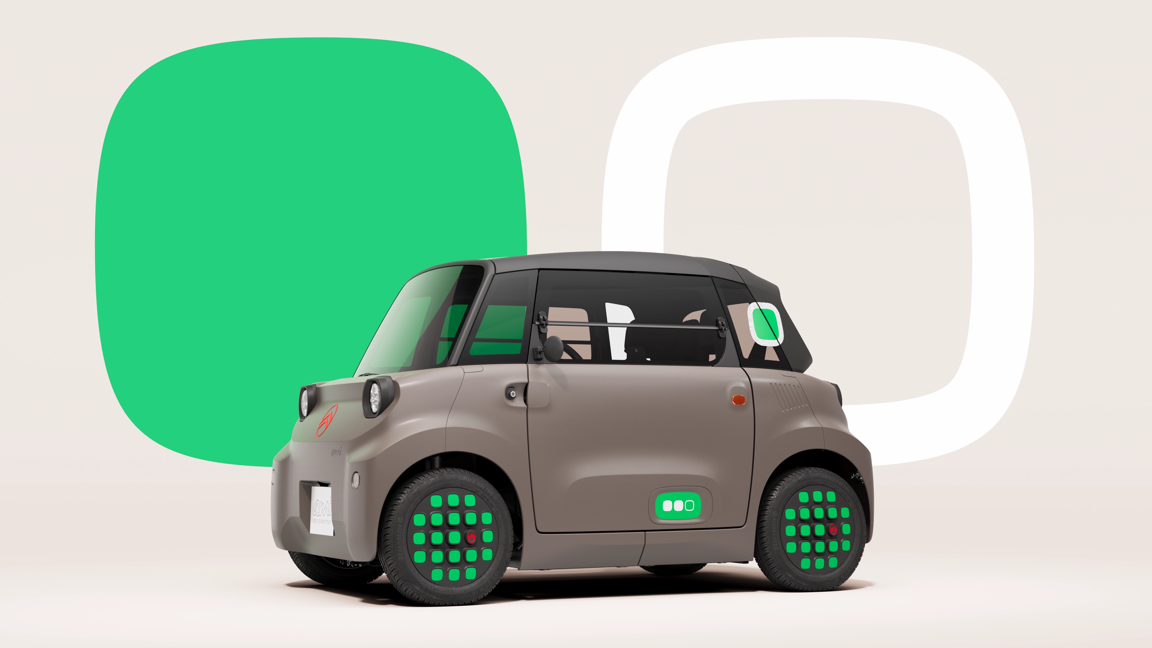 Zijaanzicht van de Citroën Ami Minty: een compact, veilig en betrouwbaar elektrisch ontwerp dat zorgt voor frisse, innovatieve vrijheid in de stad