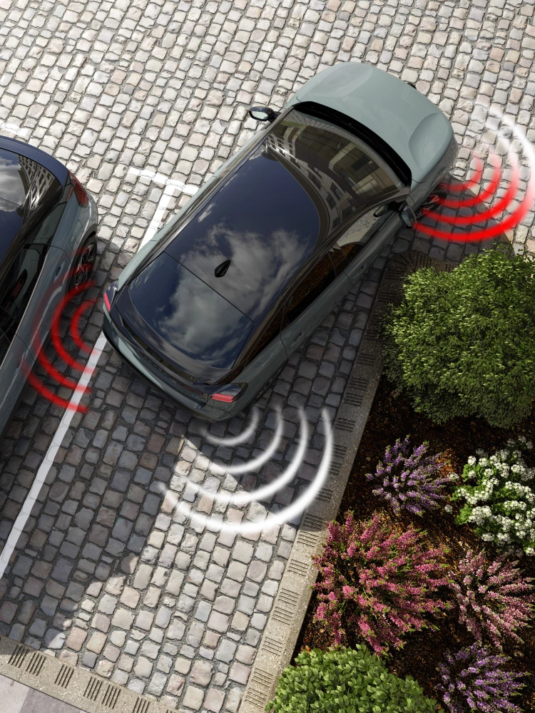 Bovenaanzicht van de C4 met voor‑ en achtersensoren, zicht, veiligheid en technologie voor zelfverzekerd en premium parkeren.