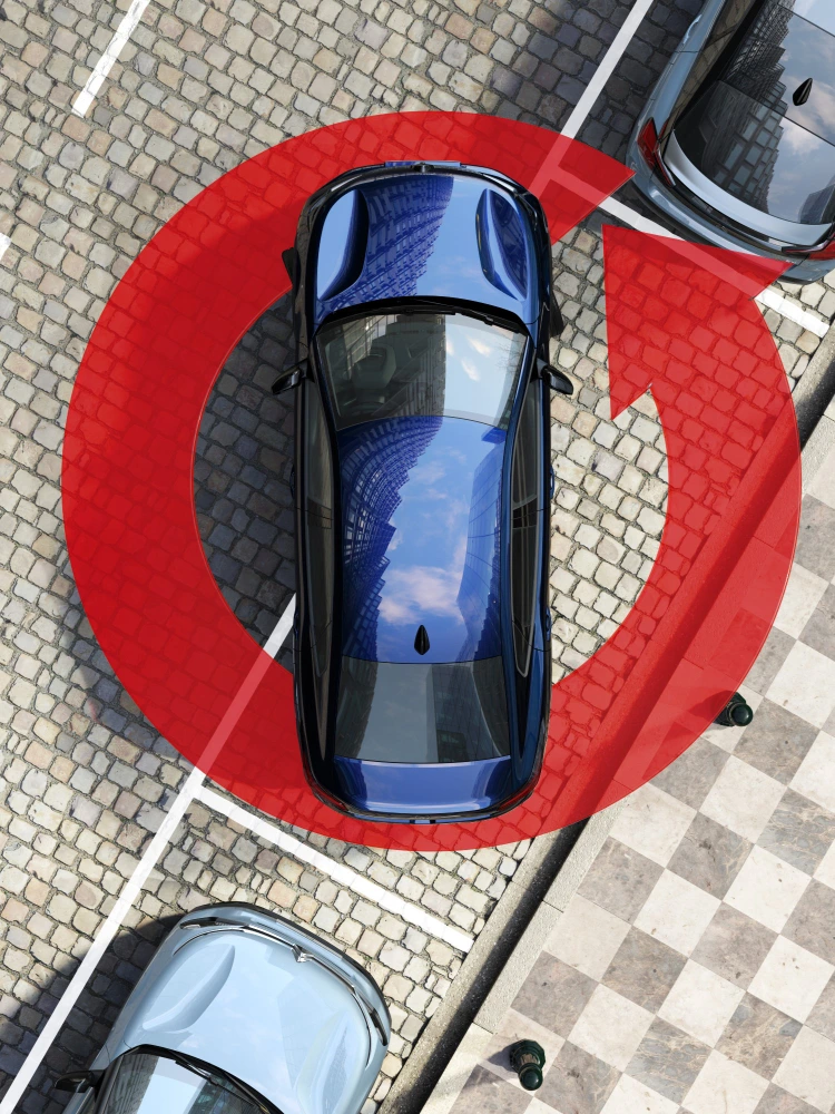 Bovenaanzicht van de Citroën ë‑C4 X met 360°‑camera die de volledige omgeving toont voor eenvoudig manoeuvreren.